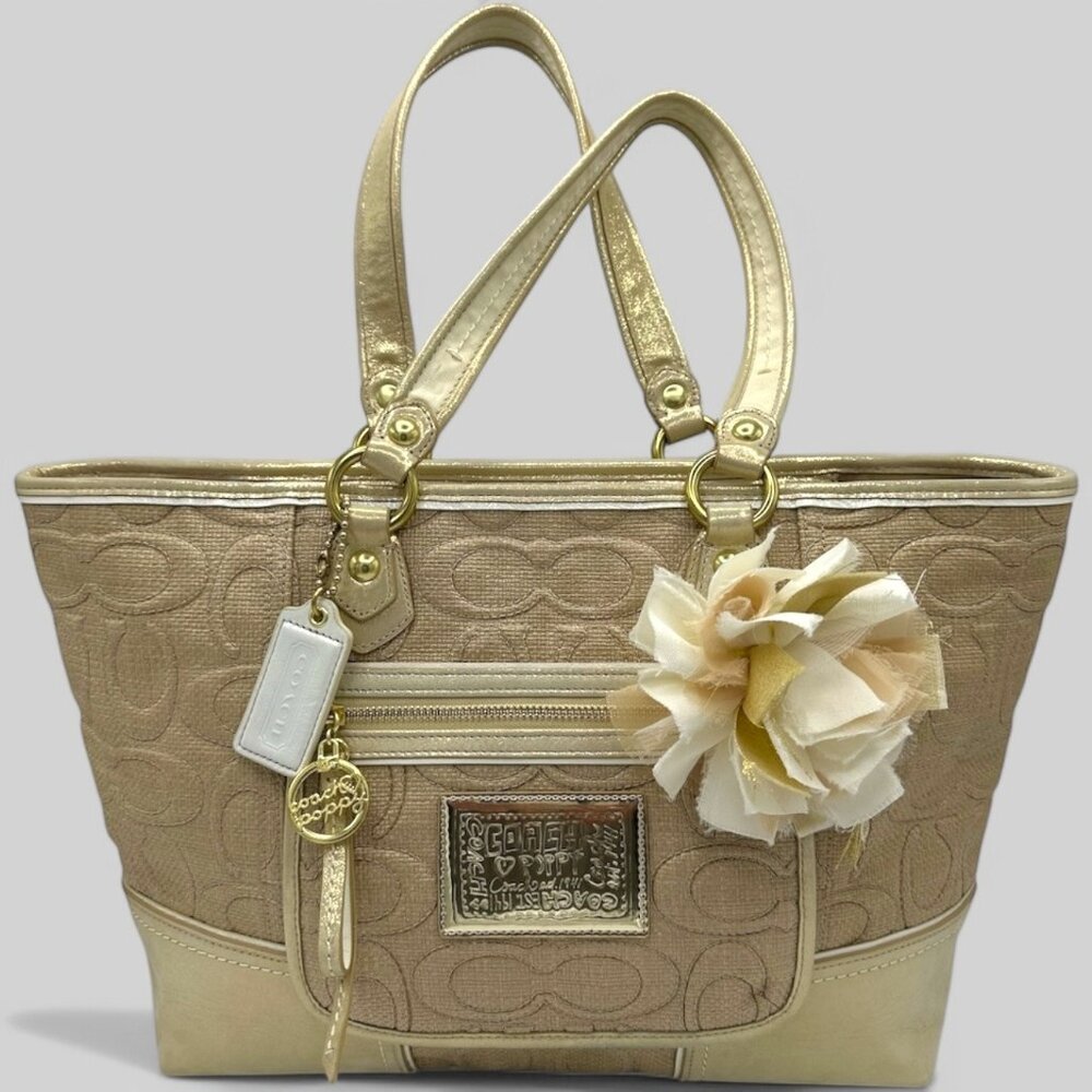 Coach Gold Beige Signature Tote with Flower Charm